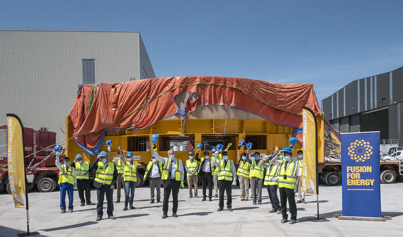 Representatives of F4E, ITER Organization welcoming the sixth Poloidal Field coil on-site, ITER site, Cadarache, June 2020 (c) F4E_ITER ORG.jpg